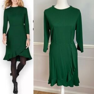 J Jill Ponte Green Ruffle Hem Stretch Long Sleeve A-Line Midi Dress Size 1X
